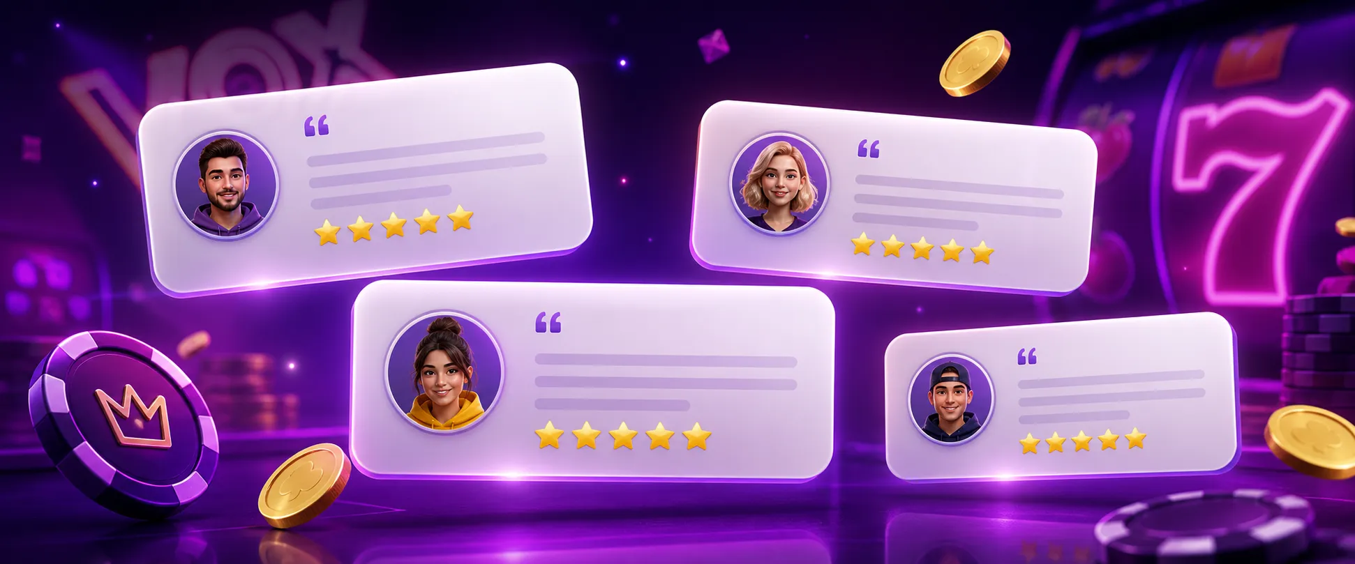 Modern iGaming reviews section for Vox Casino with floating cards, avatars, stars, and casino-themed elements.
